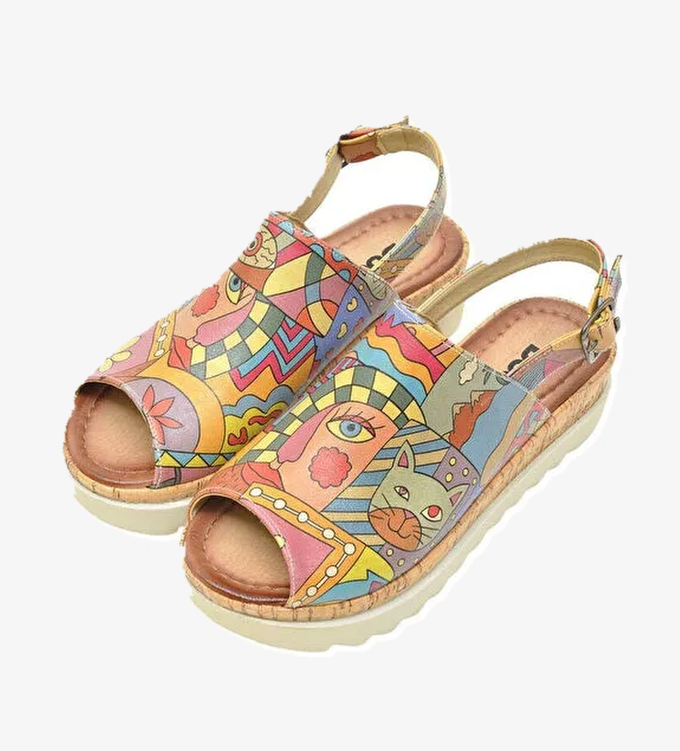 Kadın Vegan Deri Çok Renkli Kalın Taban Sandalet - Artsy Tasarım - Görsel 1