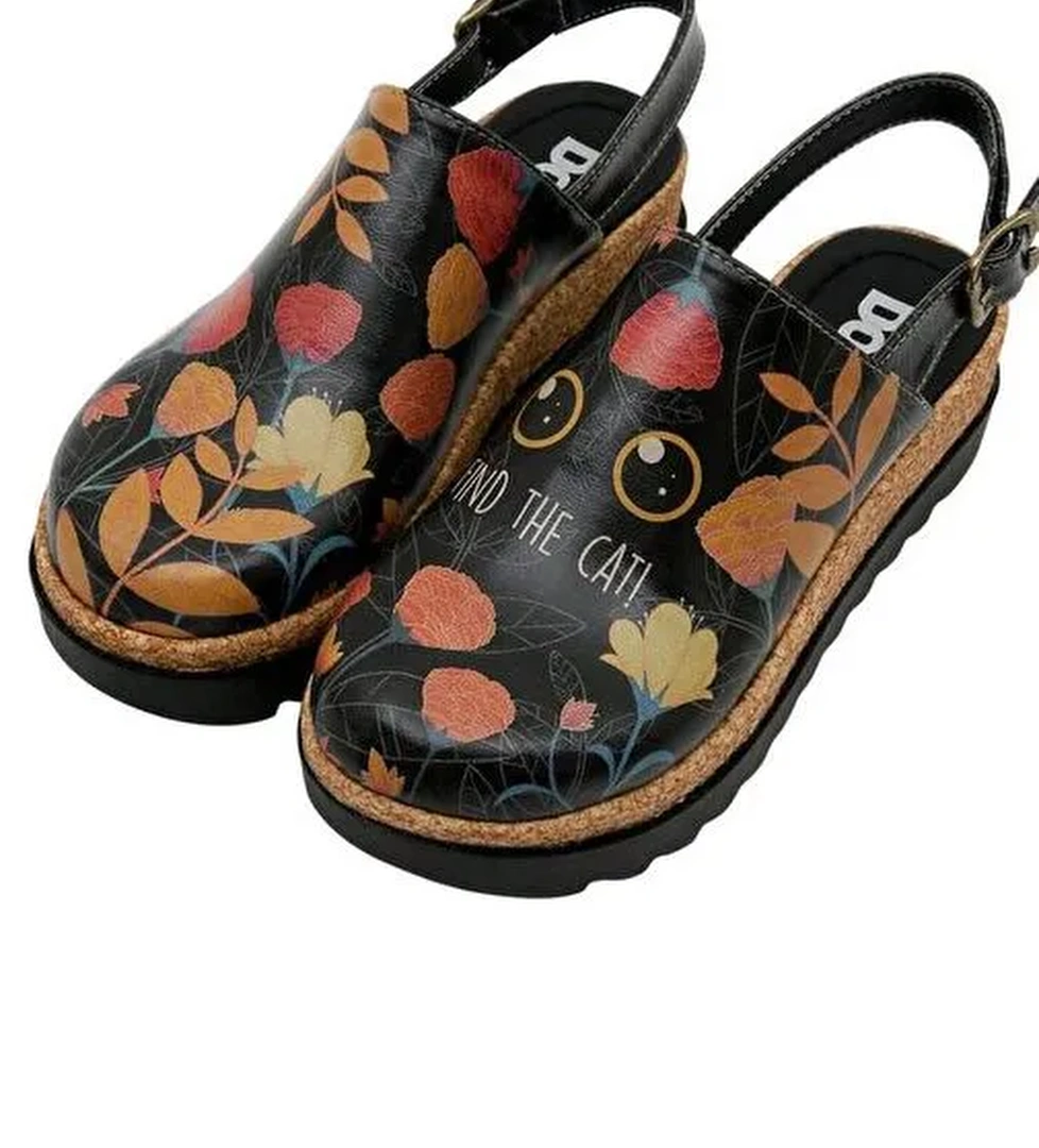 Kadın Vegan Deri Siyah Kalın Taban Sandalet - Find the Cat Tasarım - Görsel 1