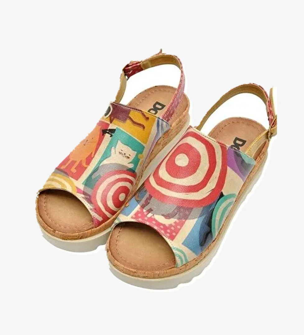 Kadın Vegan Deri Çok Renkli Kalın Taban Sandalet - Sun Days Tasarım - Görsel 1