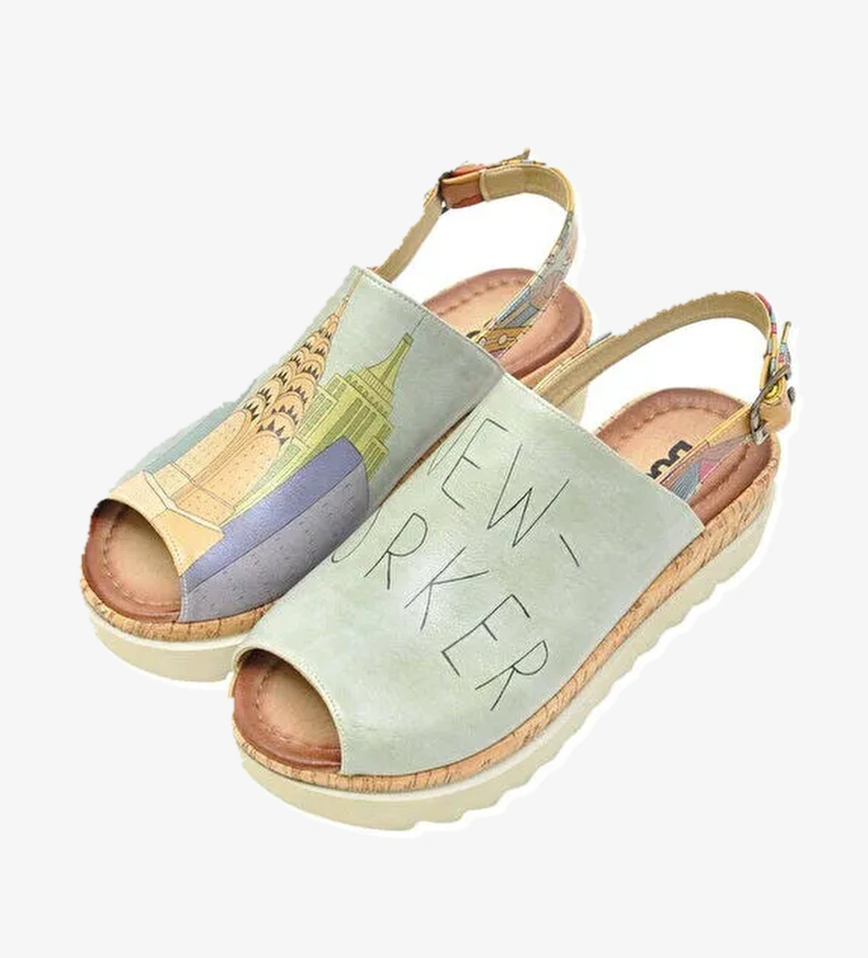 Kadın Vegan Deri Mavi Kalın Taban Sandalet - Manhattan Tasarım - Görsel 1