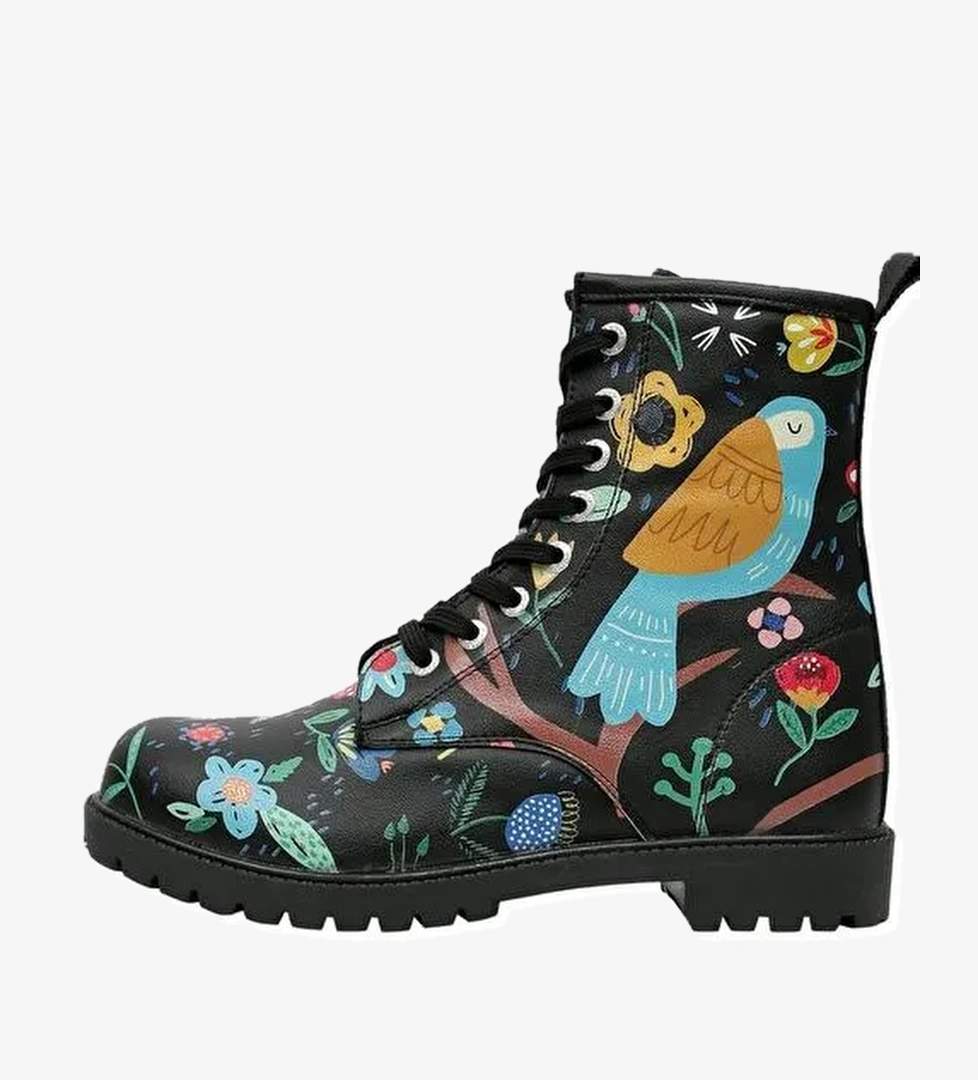 Kadın Vegan Deri Siyah Uzun Bot - Flowers & Birds Tasarım - Görsel 1