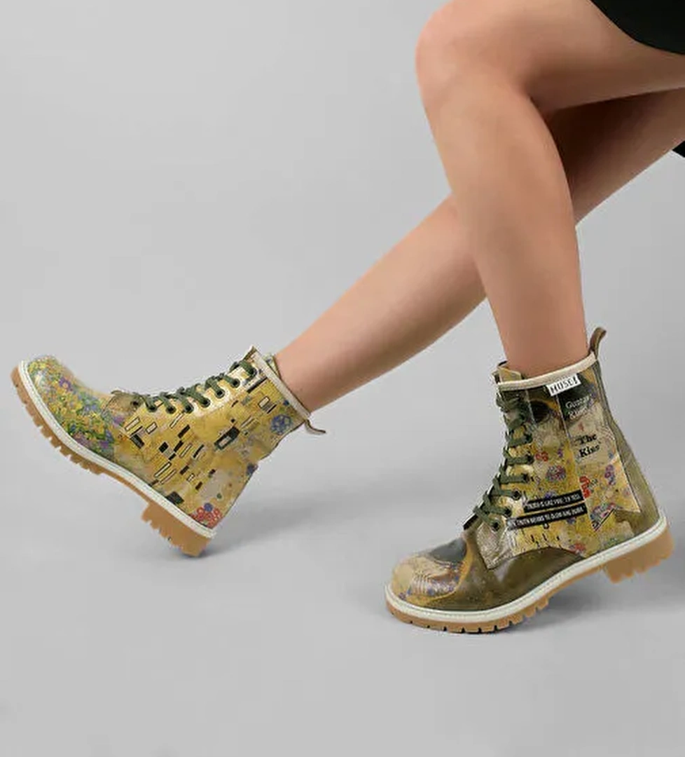 Kadın Vegan Deri Çok Renkli Uzun Bot - Gustav Klimt The Kiss Muse Tasarım - Görsel 1