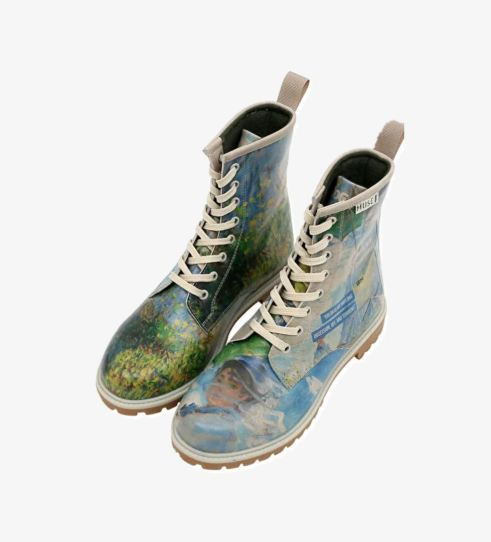 Kadın Vegan Deri Mavi Uzun Bot - Claude Monet Woman With a Parasol Muse Tasarım - Görsel 1