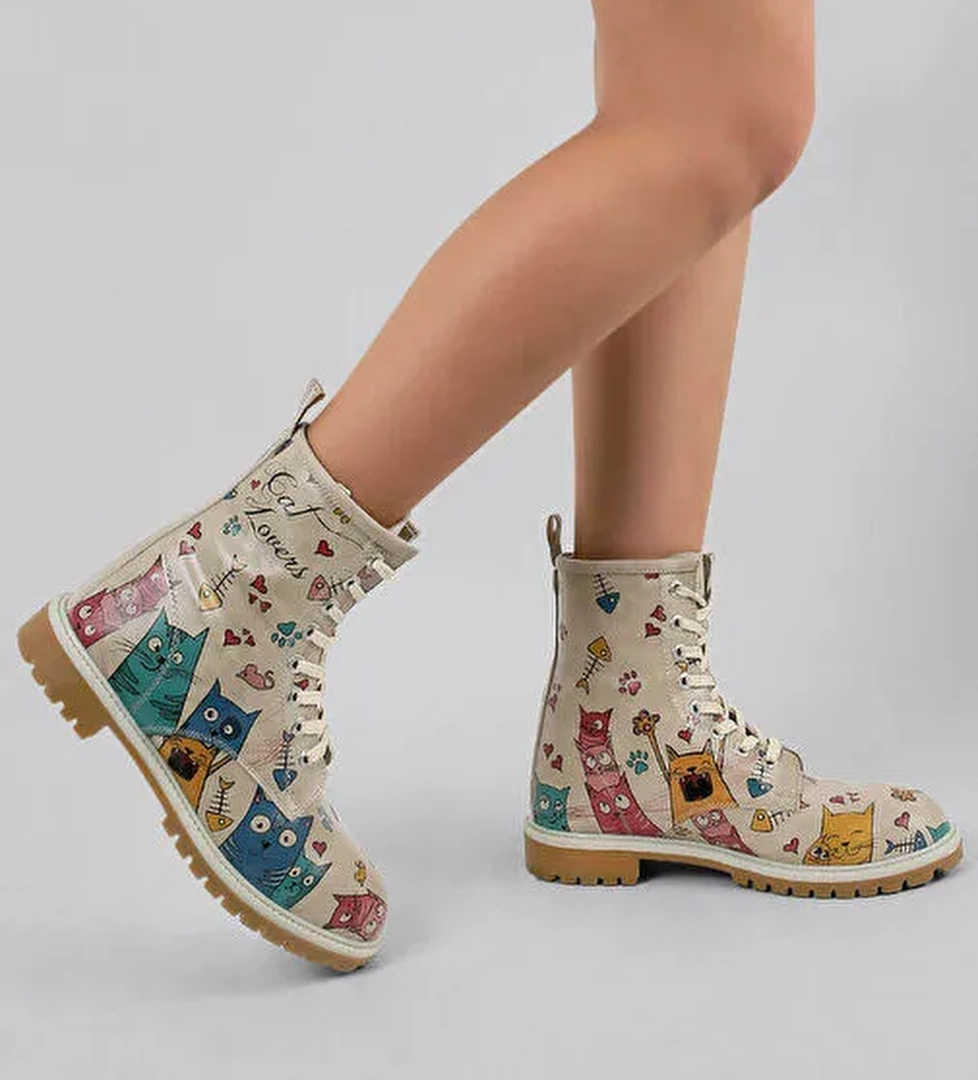 Kadın Vegan Deri Bej Uzun Bot - Cat Lovers Tasarım - Görsel 1