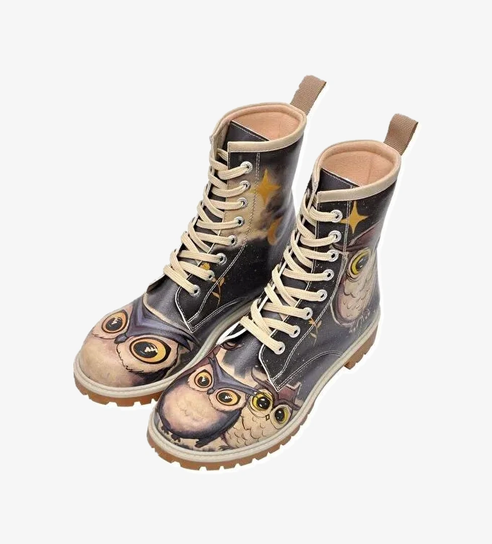 Kadın Vegan Deri Siyah Uzun Bot - Owls Family Tasarım - Görsel 1