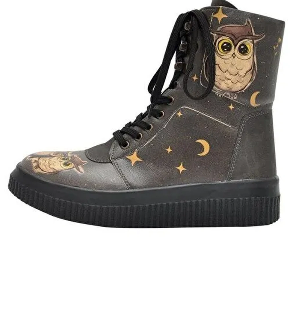 Kadın Vegan Deri Siyah Uzun Bot - Owls Family Tasarım - Görsel 1