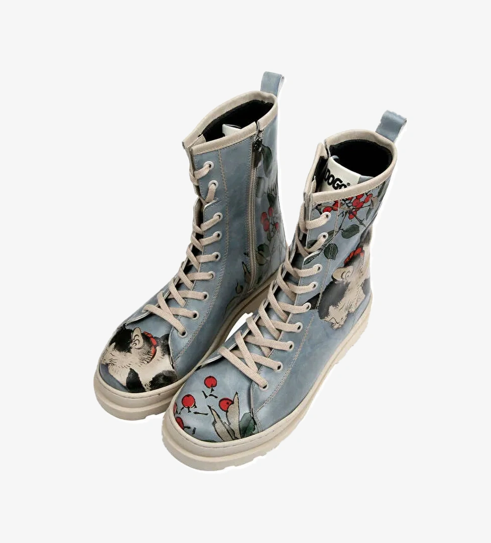 Kadın Vegan Deri Mavi Fermuarlı Uzun Bot - Sleepy Cat Tasarım - Görsel 1