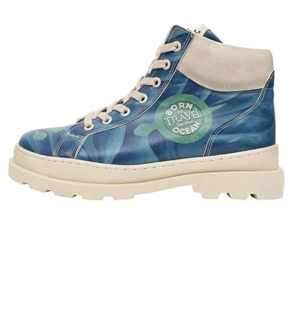 Kadın Vegan Deri Mavi Bot - Born to Travel in the Ocean Tasarım - Görsel 1