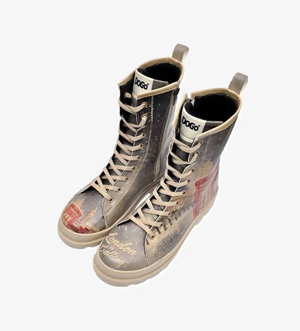 Kadın Vegan Deri Gri Fermuarlı Uzun Bot - London is Calling Tasarım - Görsel 1