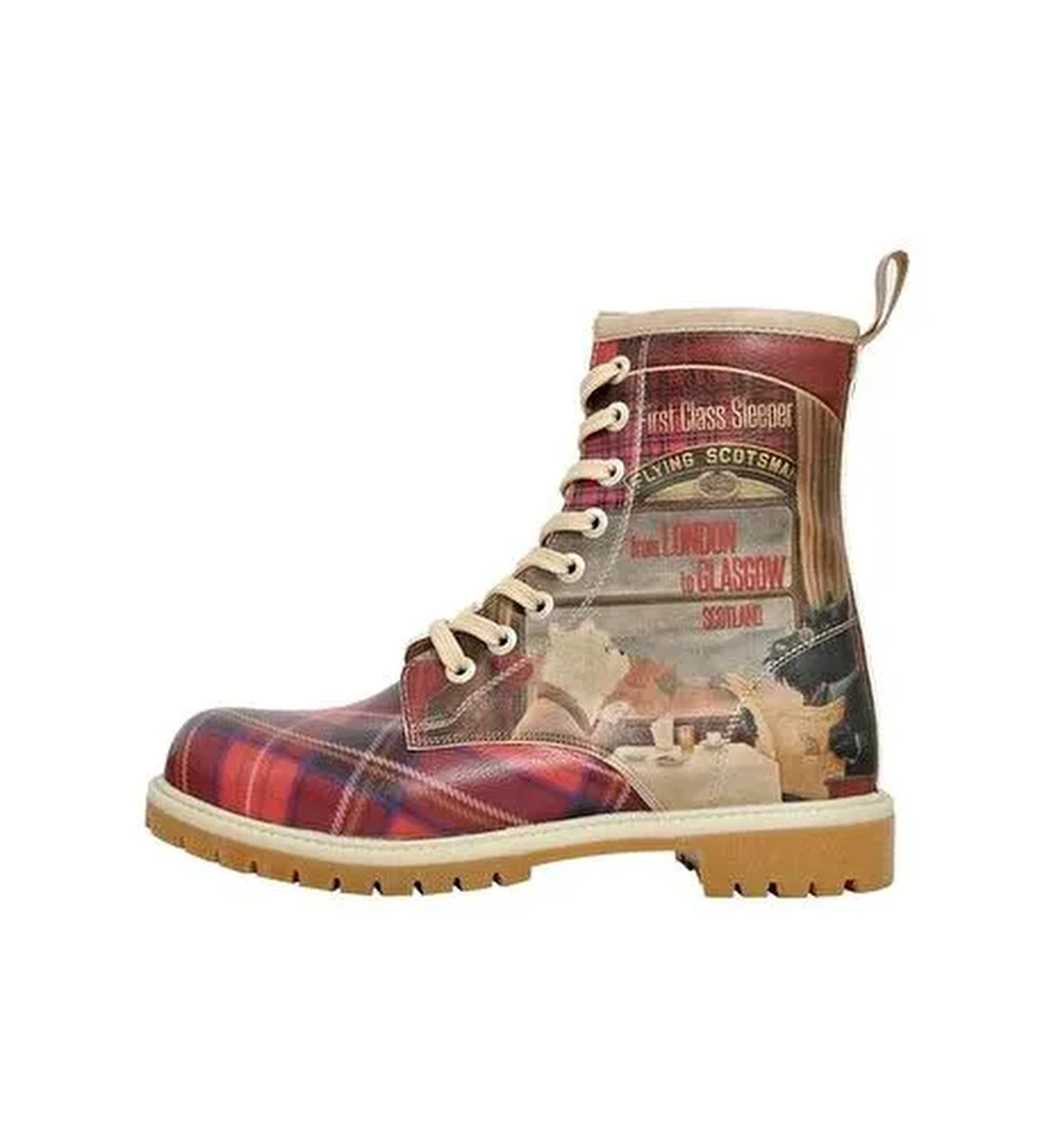 Kadın Vegan Deri Kırmızı Uzun Bot - Scottish Dining Car Tasarım - Görsel 1