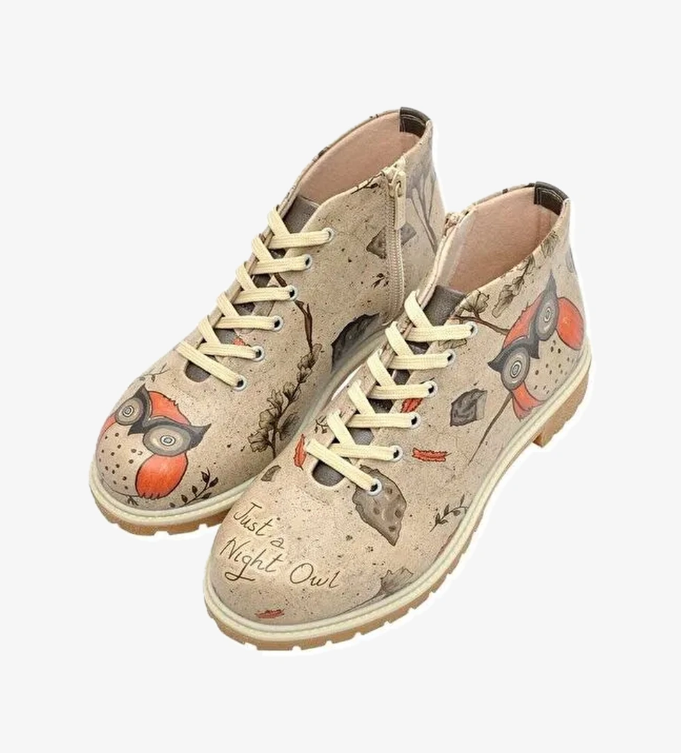 Kadın Vegan Deri Bej Fermuarlı Kısa Bot - Night Owl Tasarım - Görsel 1