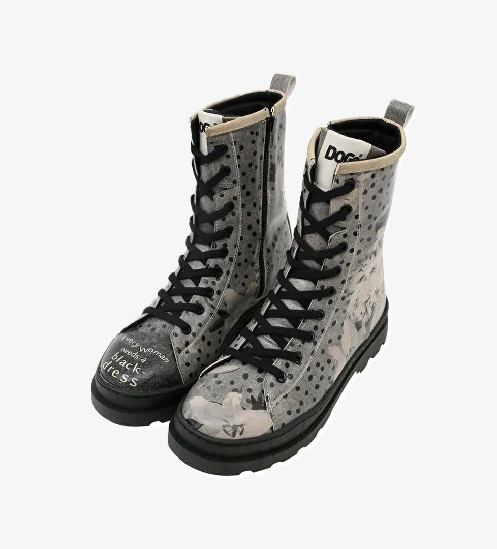 Kadın Vegan Deri Gri Fermuarlı Uzun Bot - Black dress Tasarım - Görsel 1