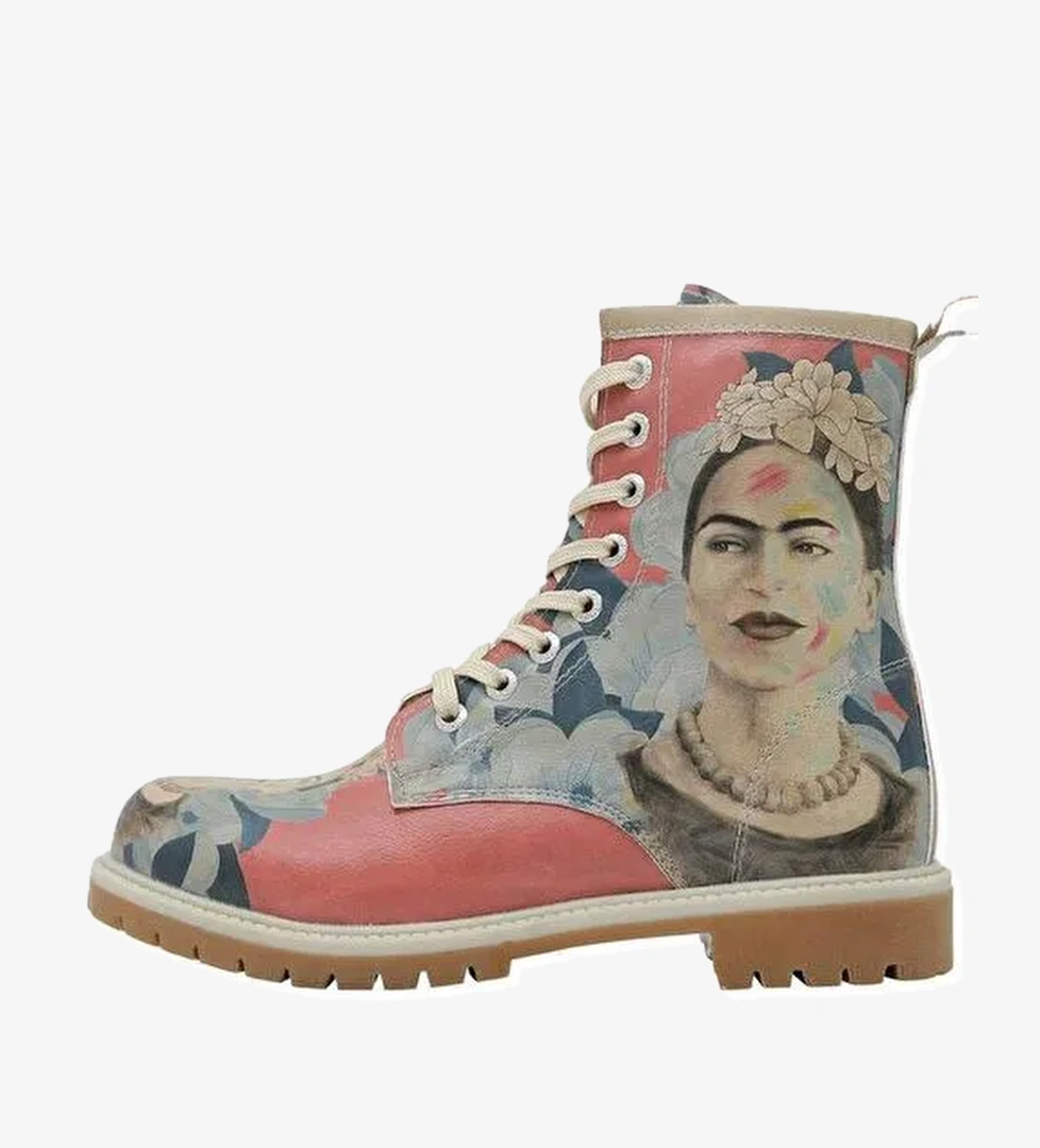 Kadın Vegan Deri Çok Renkli Uzun Bot - Frida Painting Frida Kahlo Tasarım - Görsel 1