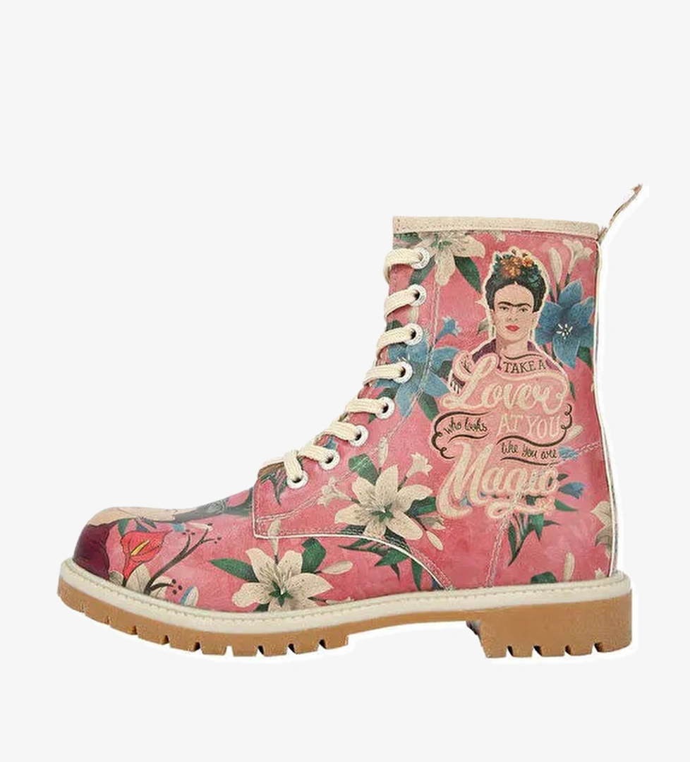 Kadın Vegan Deri Çok Renkli Uzun Bot - Like You Are Magic Frida Kahlo Tasarım - Görsel 1