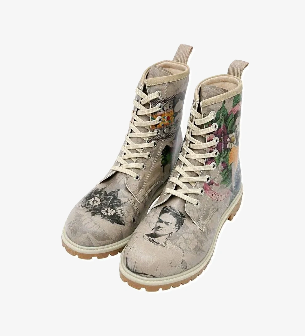 Kadın Vegan Deri Gri Uzun Bot - A Flower From The Past Frida Kahlo Tasarım - Görsel 1