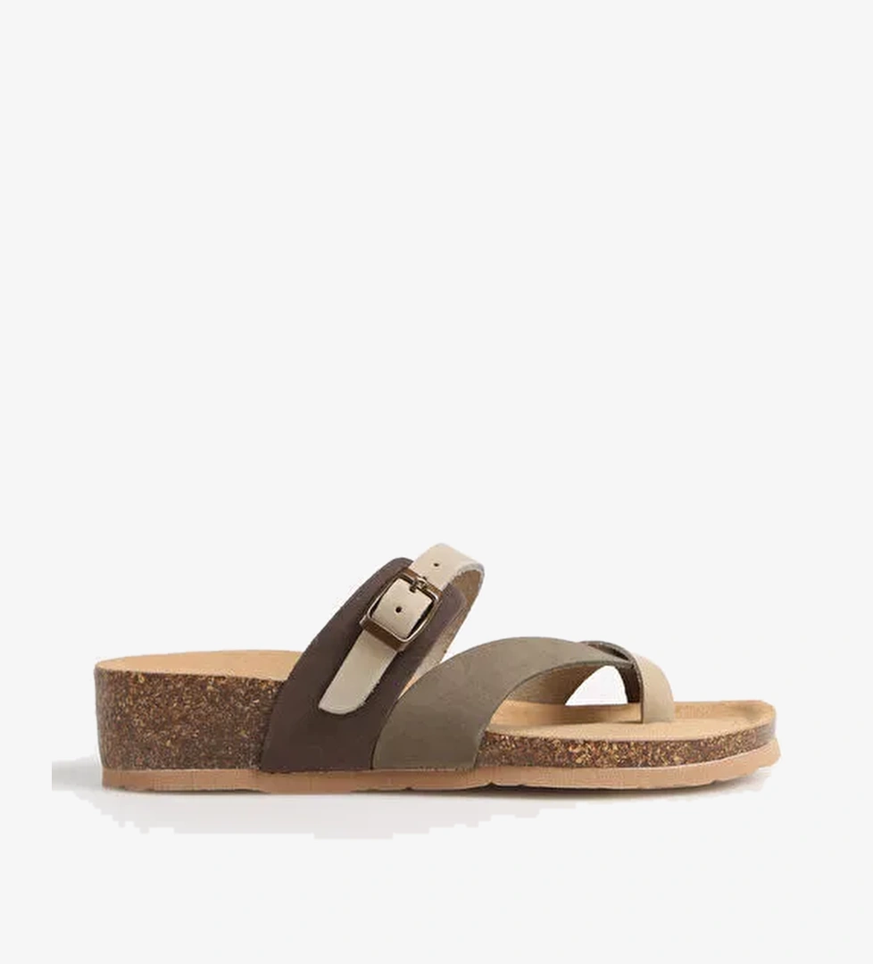 Più Natura Kahverengi-Gri Kadın Deri Terlik 12 A 456 - Görsel 1