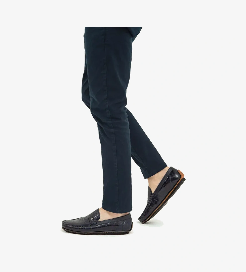 Tamer Tanca Erkek Hakiki Deri Lacivert Kroko Driver Ayakkabı - Görsel 1