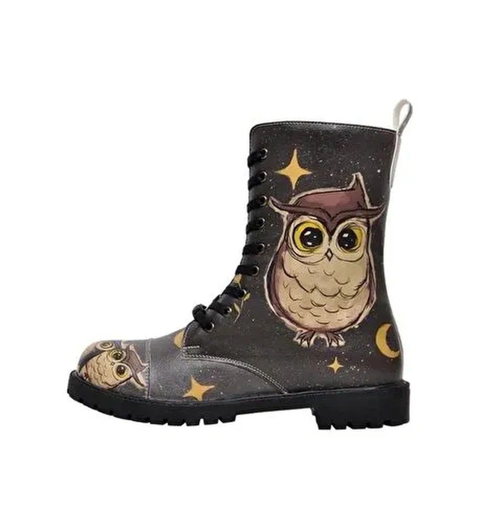 Kadın Vegan Deri Siyah Fermuarlı Uzun Bot - Owls Family Tasarım - Görsel 1