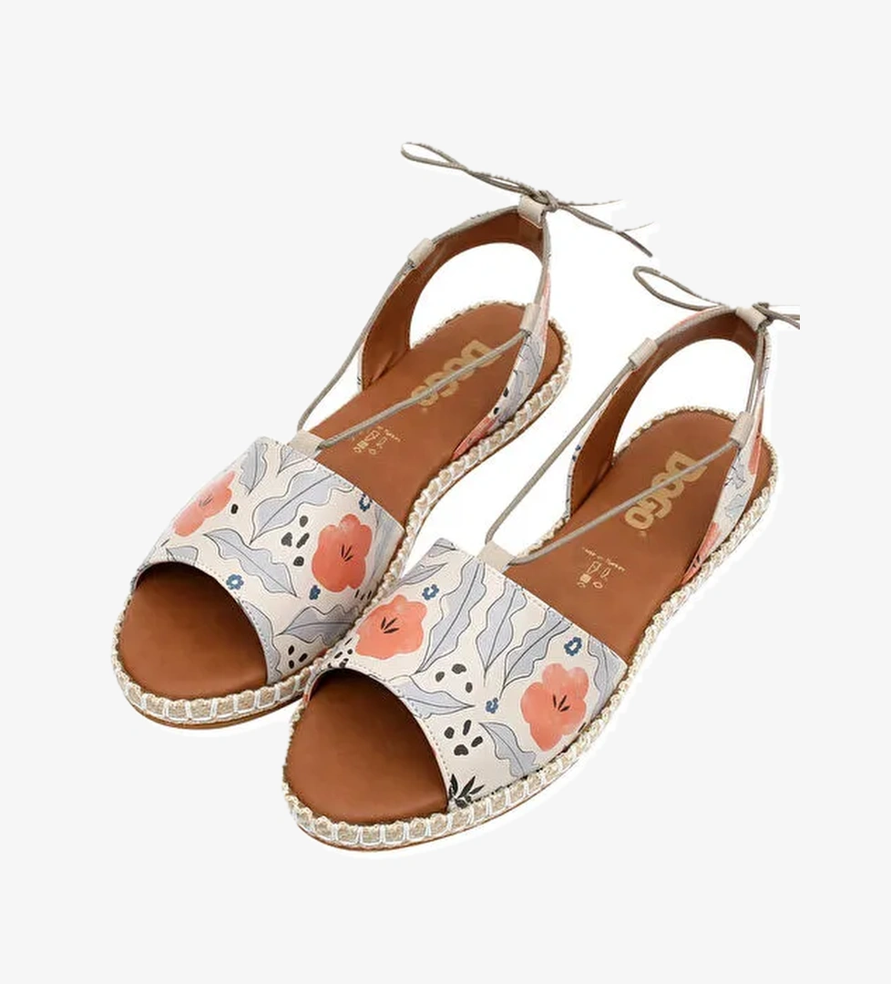 Kadın Vegan Deri Bej Bağcıklı Sandalet - Lost in Pattern Tasarım - Görsel 1