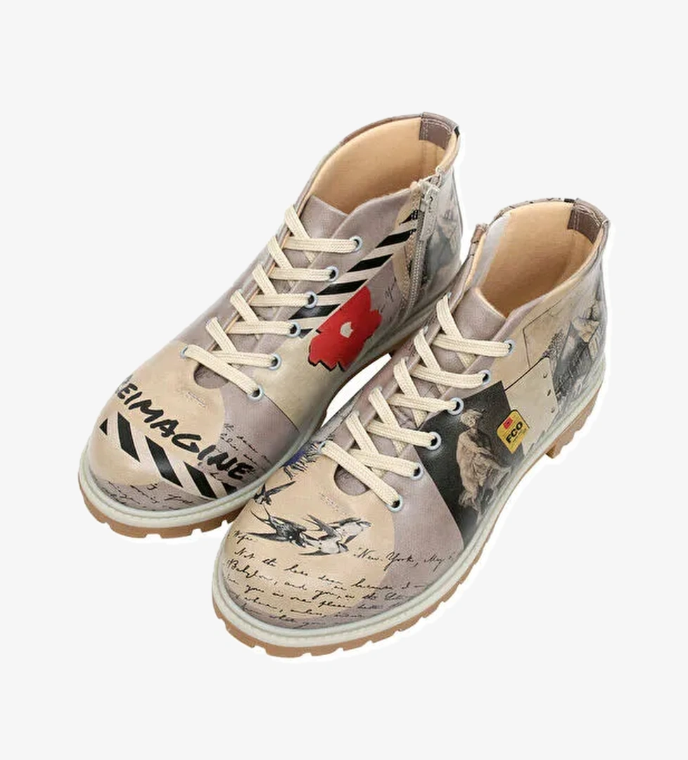 Kadın Vegan Deri Bej Fermuarlı Kısa Bot - Reimagine Tasarım - Görsel 1