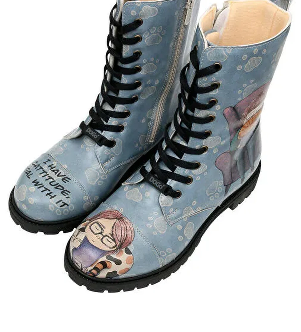 Kadın Vegan Deri Mavi Fermuarlı Uzun Bot - I Have Cattitude Tasarım - Görsel 1