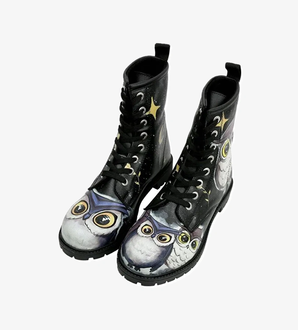 Kadın Vegan Deri Siyah Uzun Bot - Owls Family Tasarım - Görsel 1