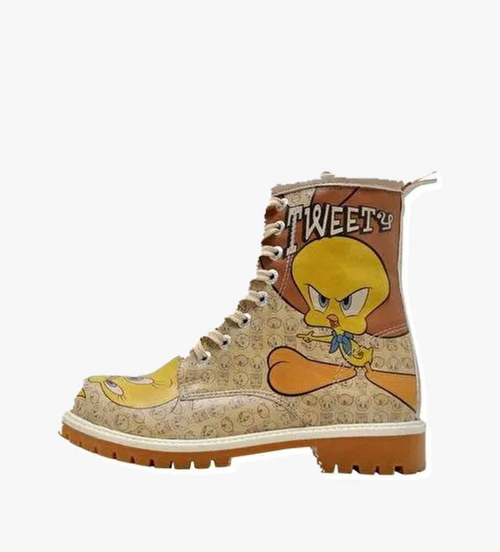 Kadın Vegan Deri Bej Uzun Bot - Warner Bros Tweety Moods Tasarım - Görsel 1