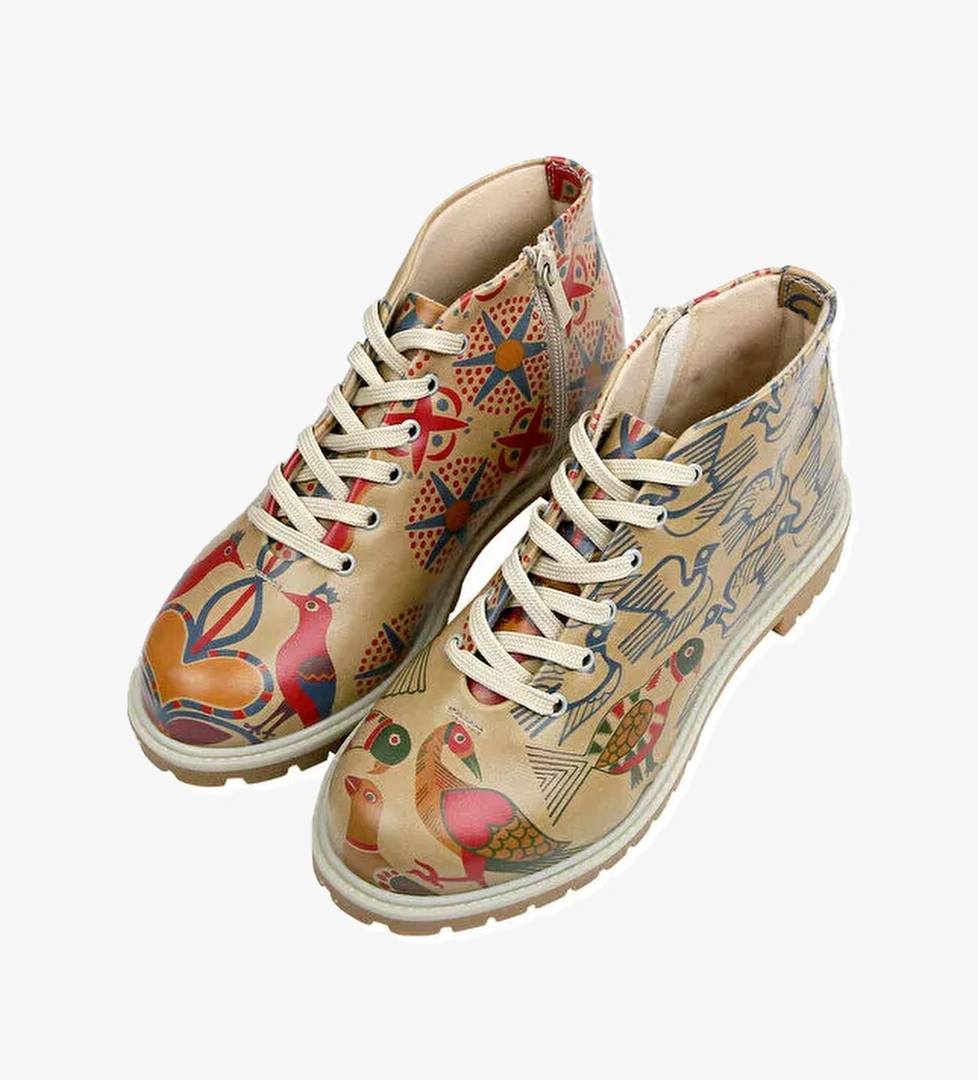 Kadın Vegan Deri Bej Fermuarlı Kısa Bot - Love Birds Tasarım - Görsel 1