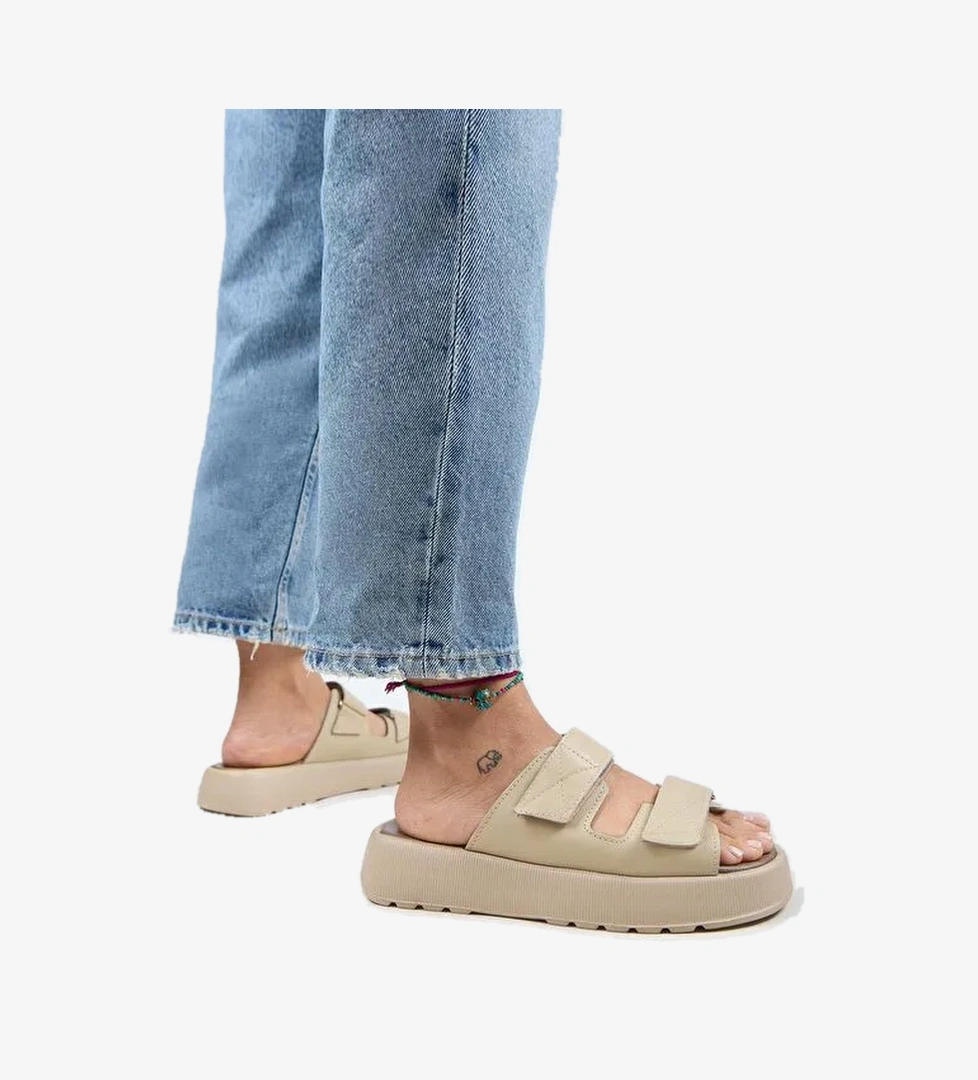 Manijero Farah Kadın Hakiki Deri Çift Cırtlı Bej -Bej Terlik - Görsel 1