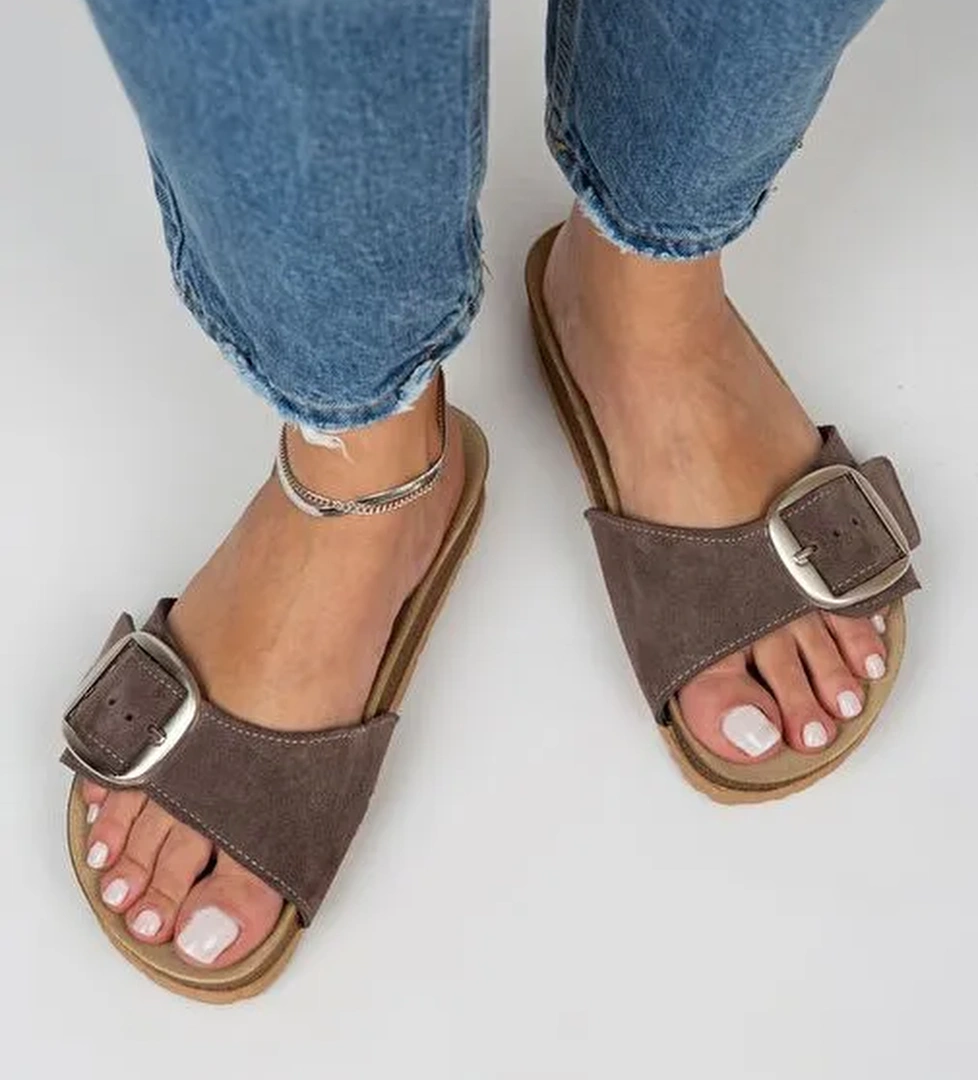 Manijero Kahverengi-Gümüş Kadın Süet Terlik MNJ.022.07 - Görsel 1