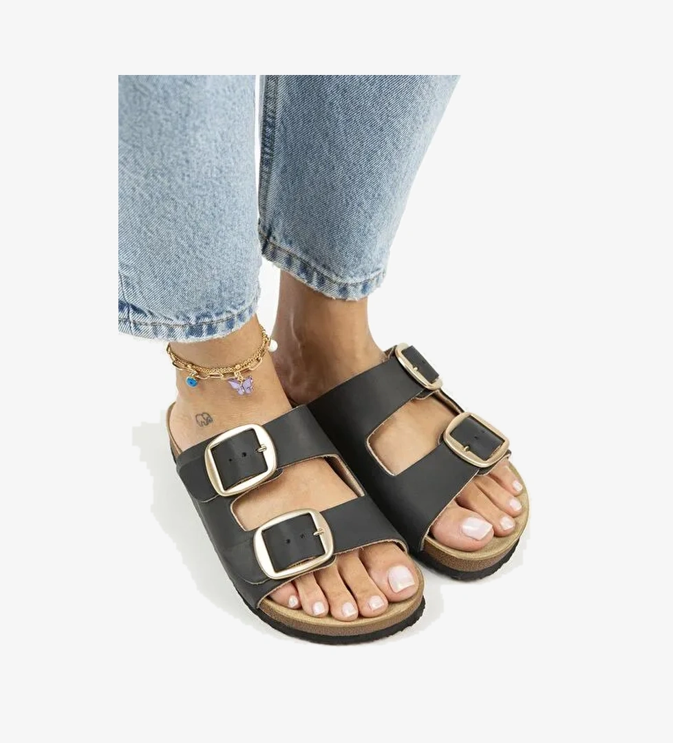 Manijero Siyah-Gold Kadın Deri Terlik MNJ.121.04 - Görsel 1