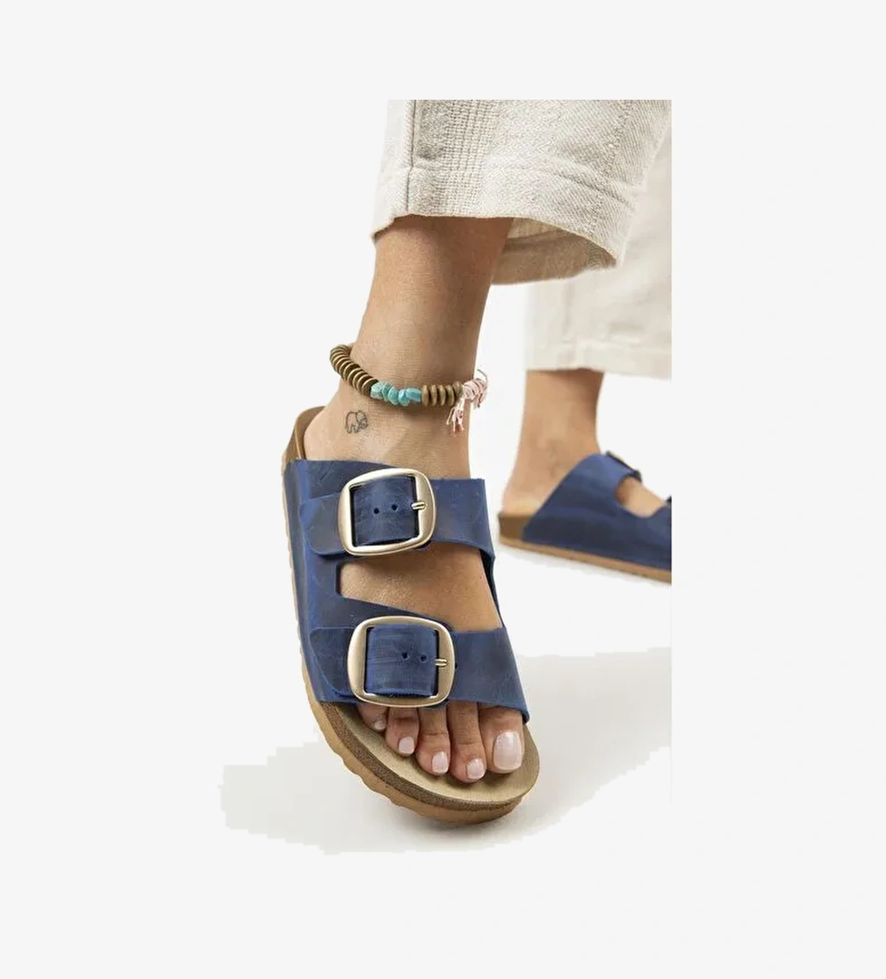 Manijero İrene Eskitme Kadın Deri Hakiki Deri Çift Tokalı Mavi Gold Terlik - Görsel 1