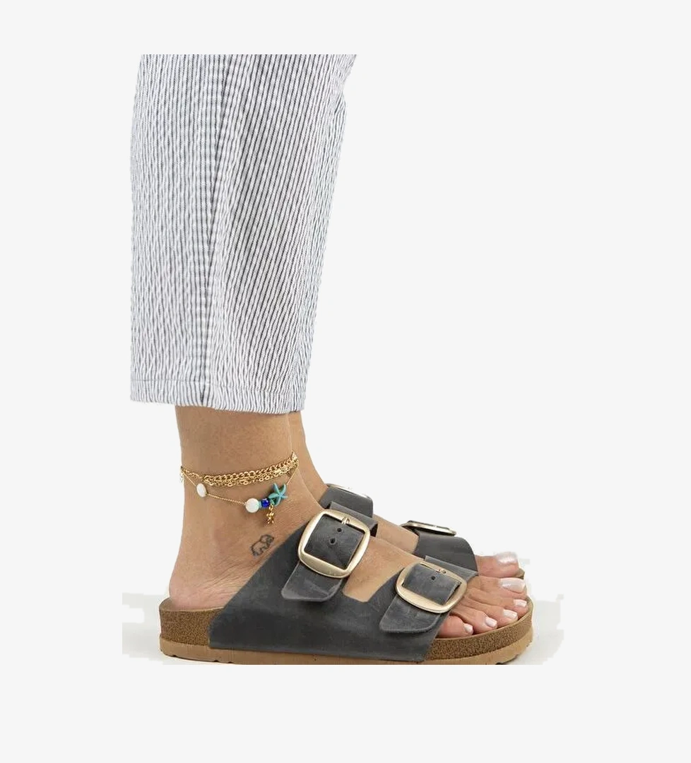 Manijero İrene Eskitme Kadın Deri Hakiki Deri Çift Tokalı Antrasit Gold Terlik - Görsel 1