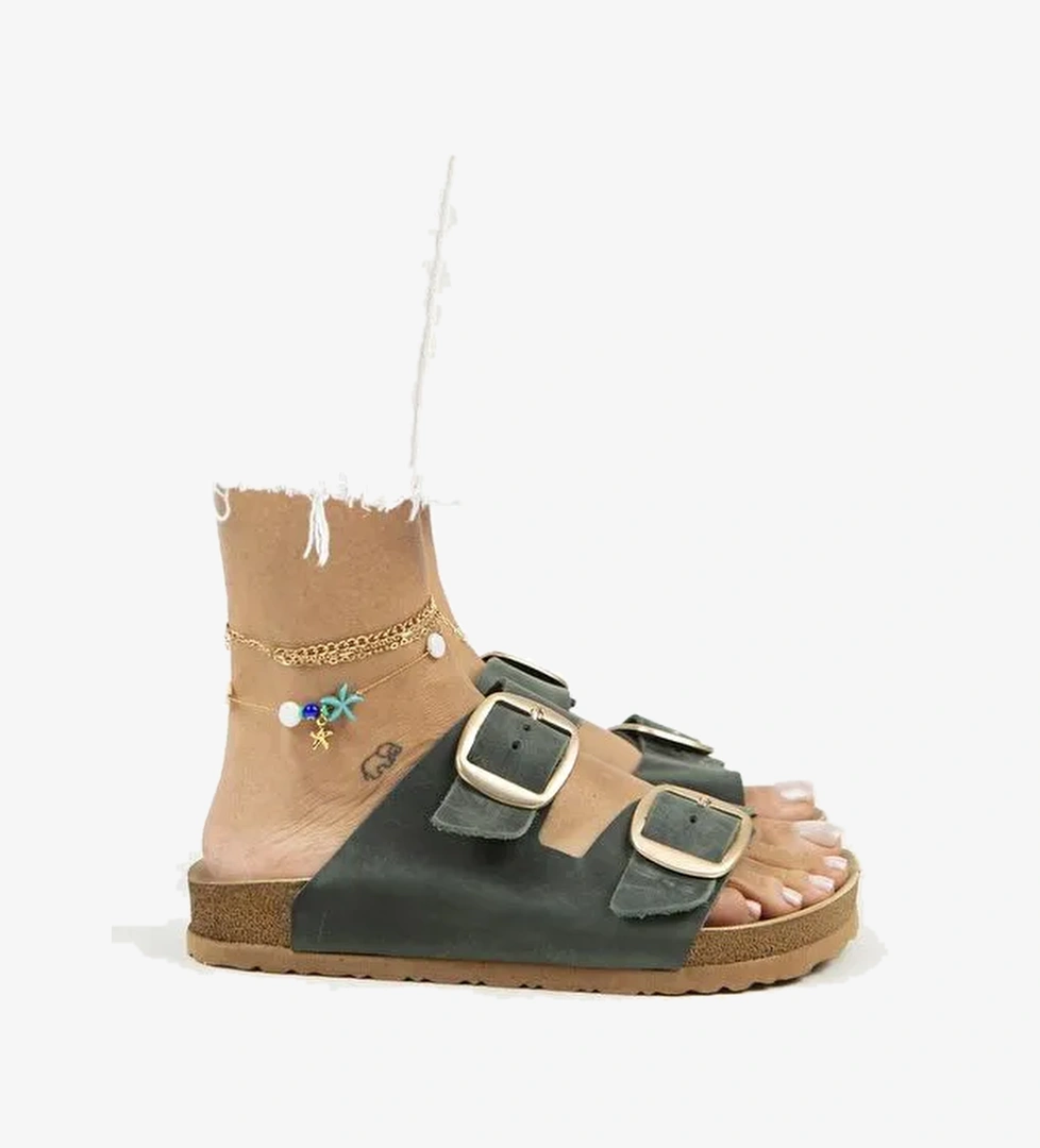 Manijero Yeşil-Gold Kadın Deri Terlik MNJ.121.09 - Görsel 1