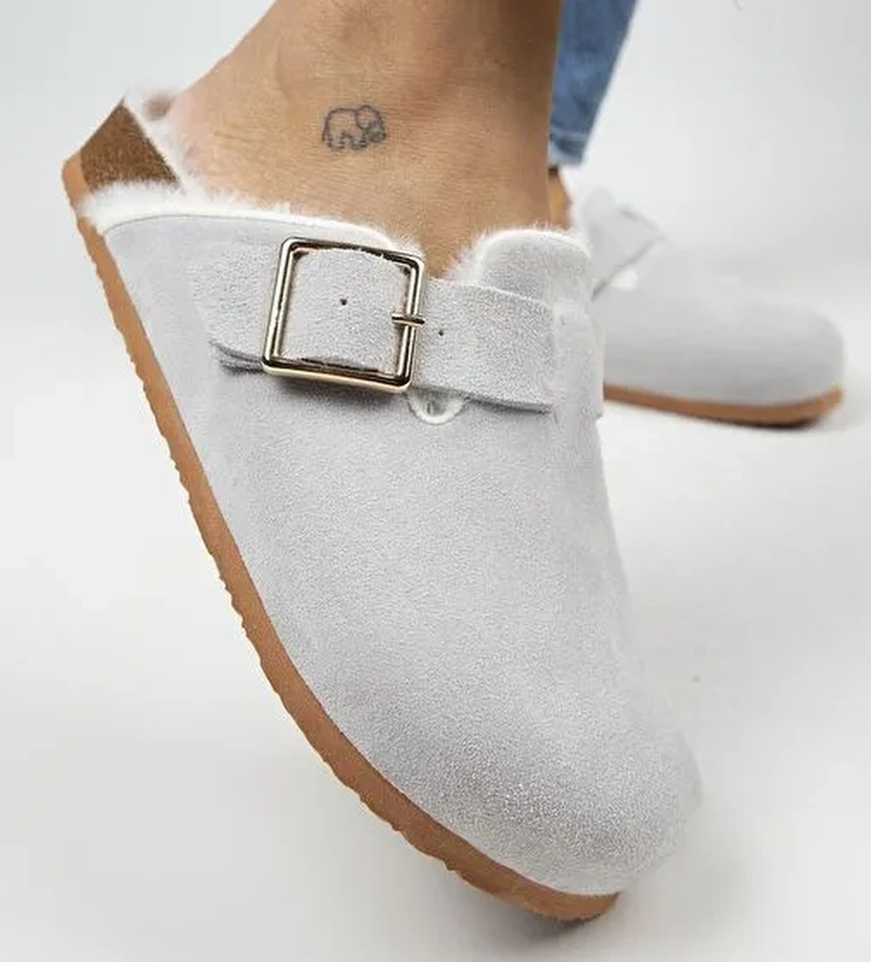 Manijero Gri Kadın Deri - Kürklü Terlik MNJ.098.15 - Görsel 1