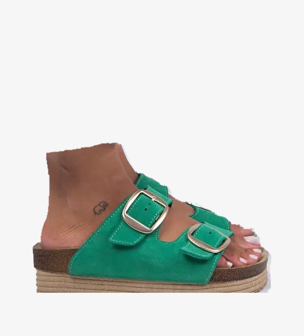 Manijero Yeşil-Gold Kadın Deri Terlik MNJ.038.07 - Görsel 1