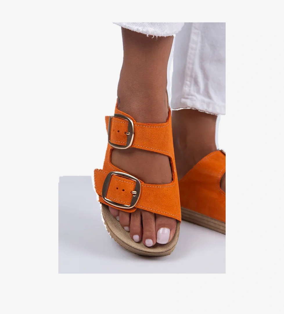 Manijero Selina Kadın Hakiki Deri Çift Tokalı Turuncu - Gold Terlik - Görsel 1