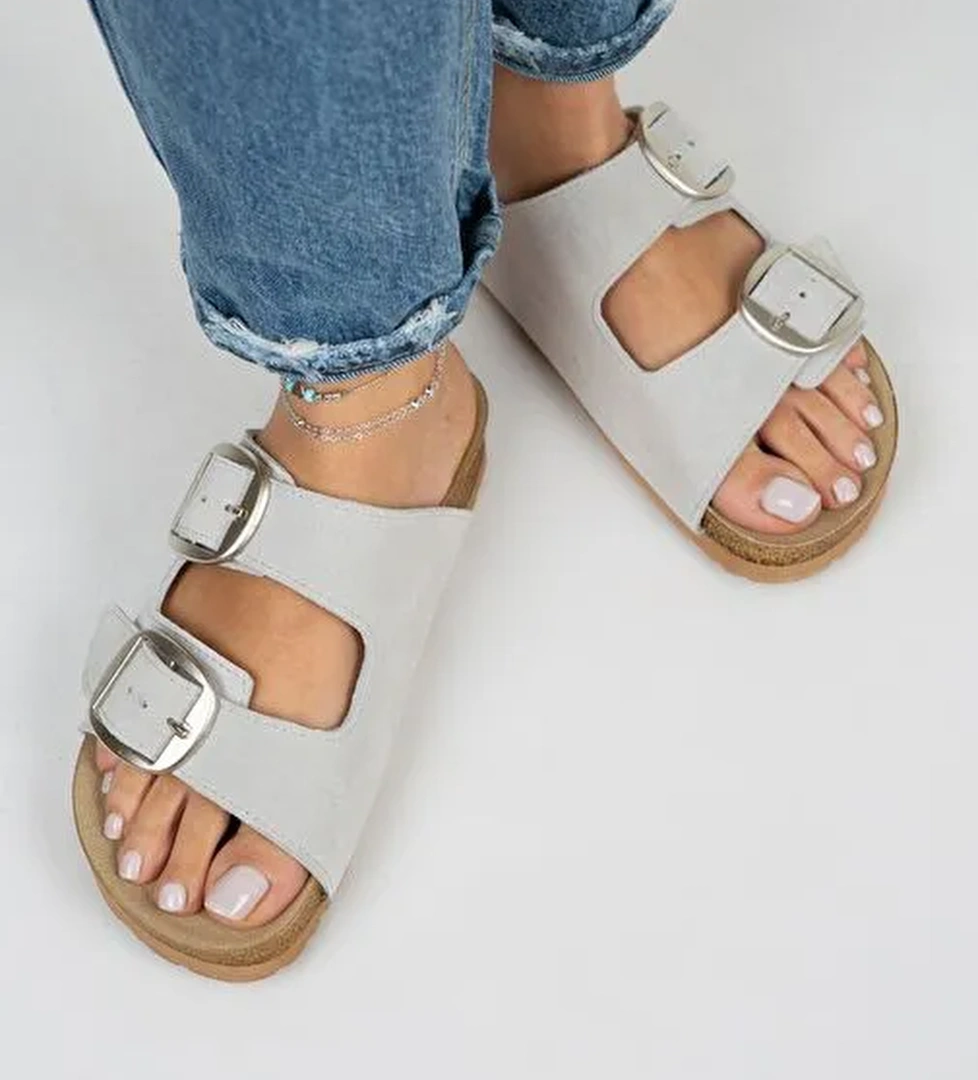 Manijero Gri-Gümüş Kadın Deri Terlik MNJ.010.14 - Görsel 1