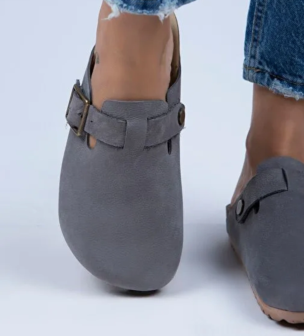 Manijero Gri Kadın Deri Terlik MNJ.077.05 - Görsel 1