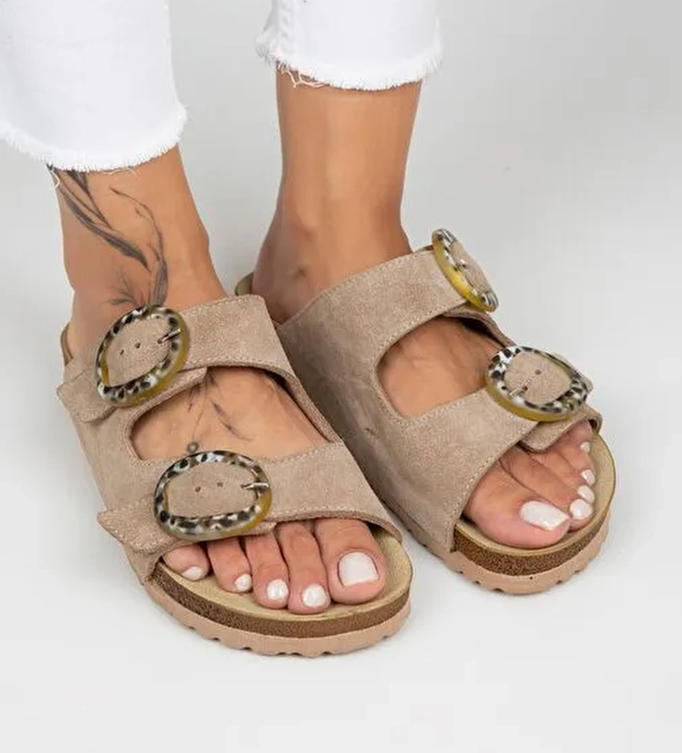 Manijero Drina Kadın Hakiki Deri Çift Tokalı Vizon Terlik - Görsel 1