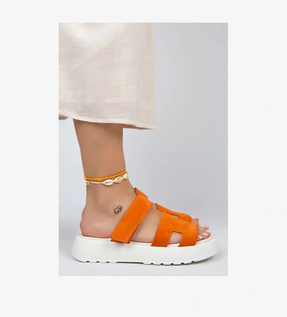 Manijero Seina Kadın Hakiki Deri Cırtlı Terlik Turuncu Terlik - Görsel 1