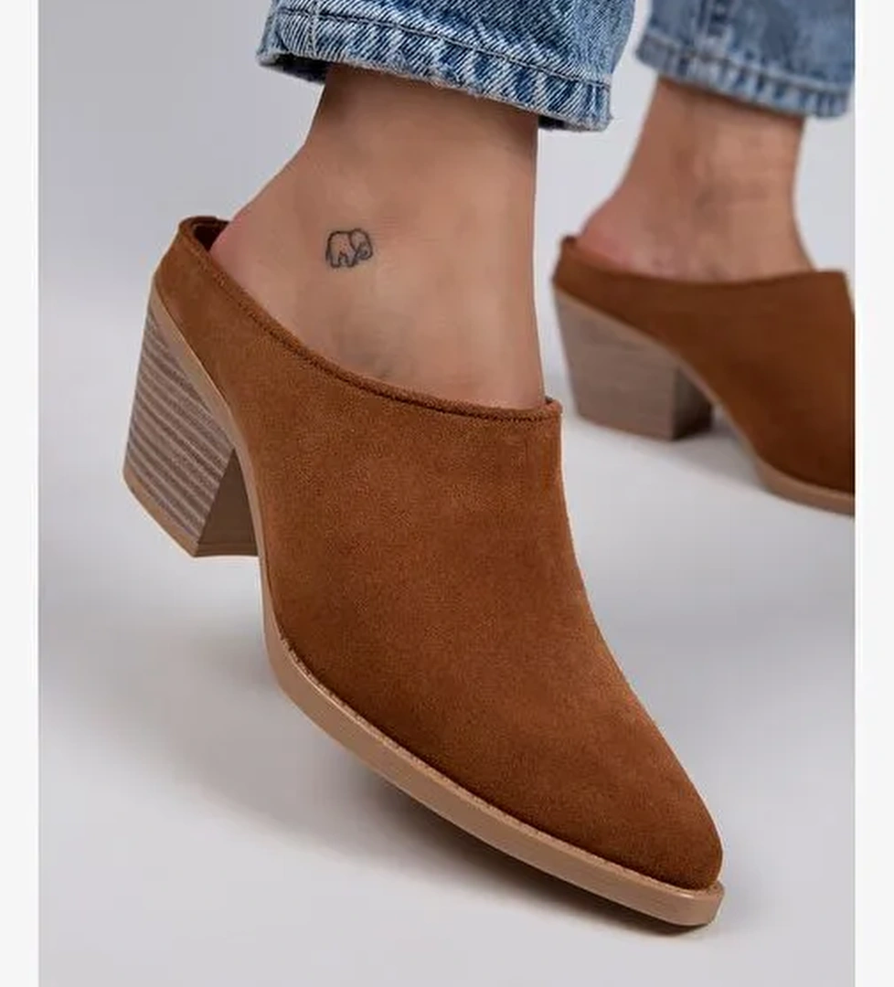 Manijero Stella Kadın Hakiki Deri Western Taba - Süet Terlik - Görsel 1