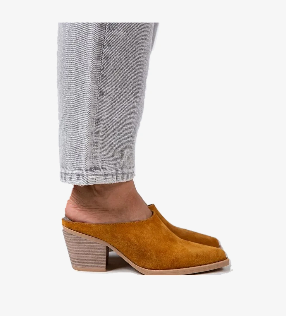 Manijero Stella Kadın Hakiki Deri Western Hardal - Süet Terlik - Görsel 1