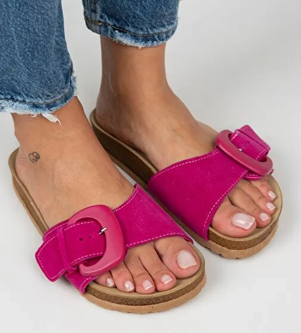 Manijero Fuşya Kadın Deri Terlik MNJ.001.10 - Görsel 1