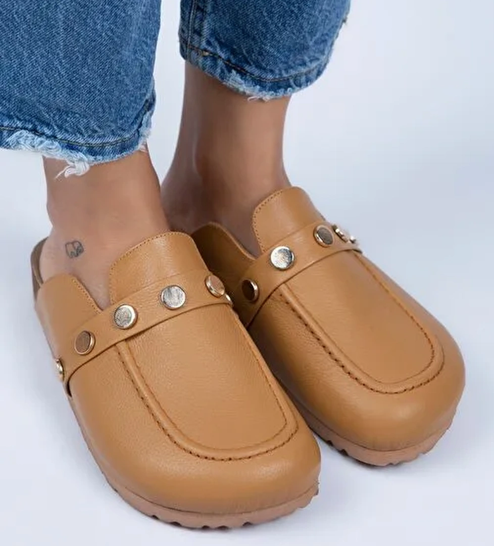 Manijero Bonita Kadın Hakiki Deri Zımbalı Taba - Gold Terlik - Görsel 1