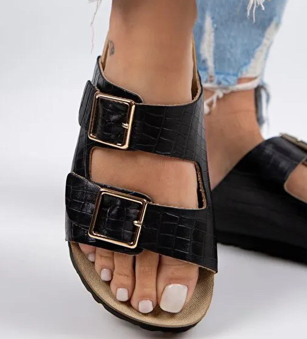 Manijero Croco Kadın Hakiki Deri Çift Tokalı Crocodile Siyah Terlik - Görsel 1