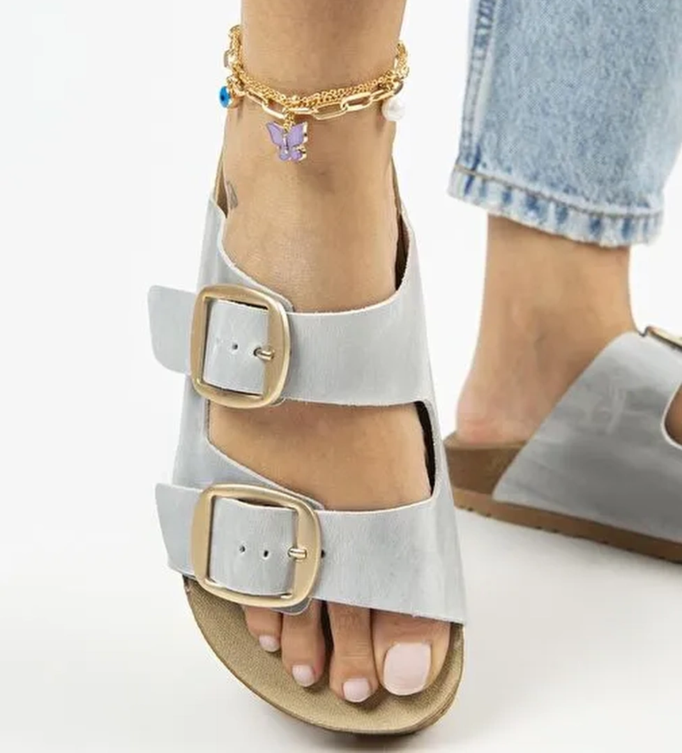 Manijero Gri-Gold Kadın Deri Terlik MNJ.121.05 - Görsel 1