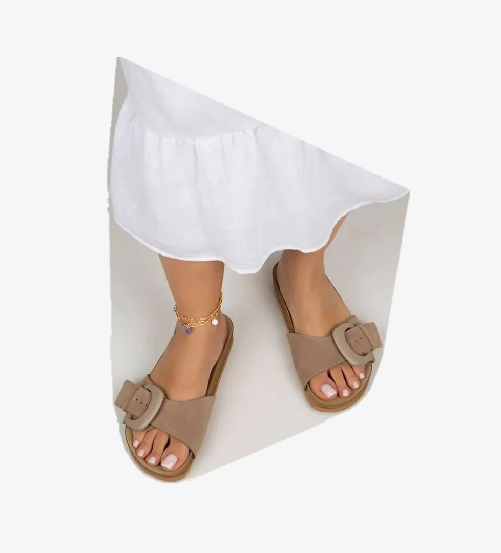 Manijero Açık Vizon Kadın Deri Terlik MNJ.001.09 - Görsel 1