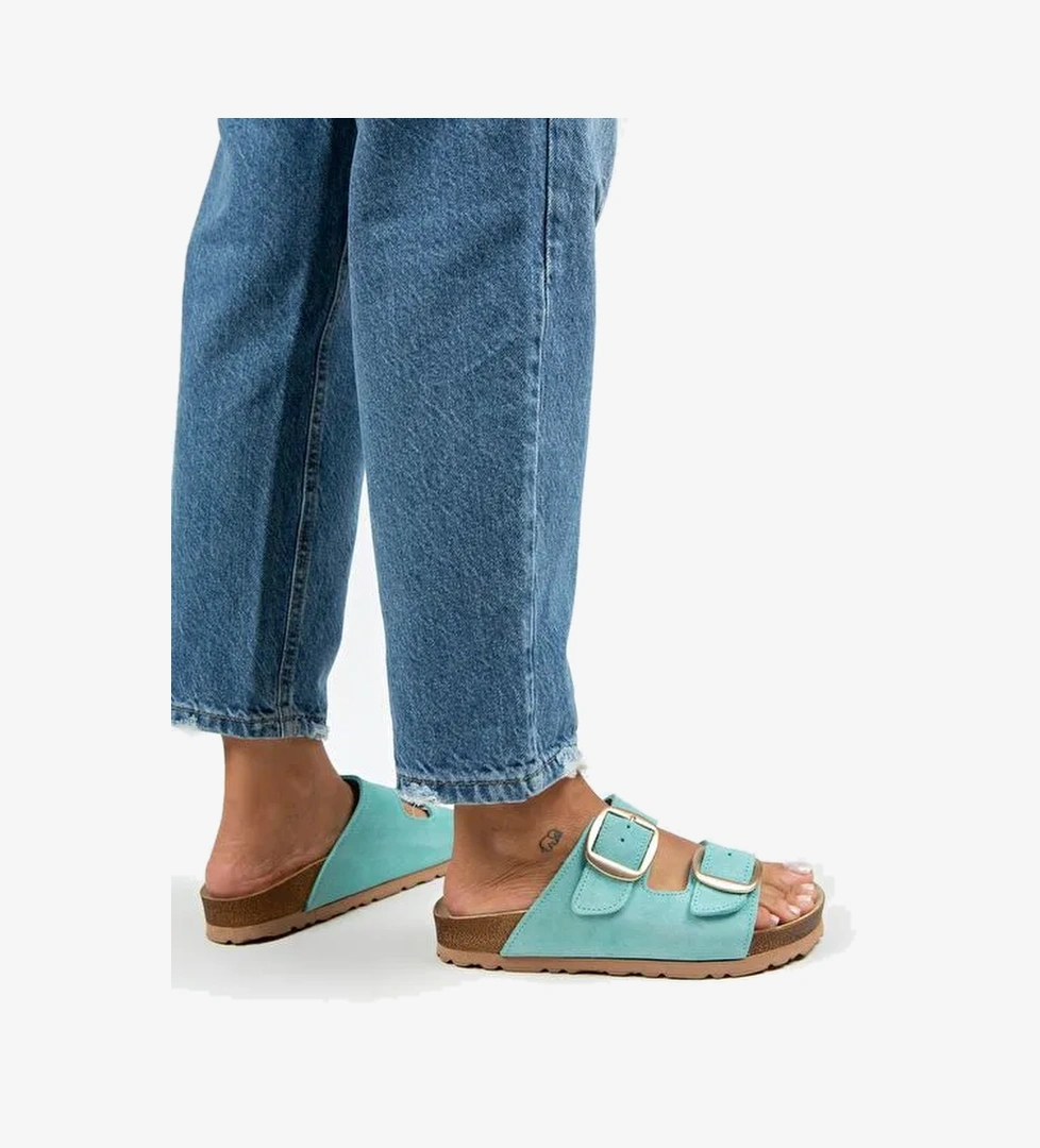 Manijero Mint Yeşili-Gold Kadın Süet Terlik MNJ.010.37 - Görsel 1