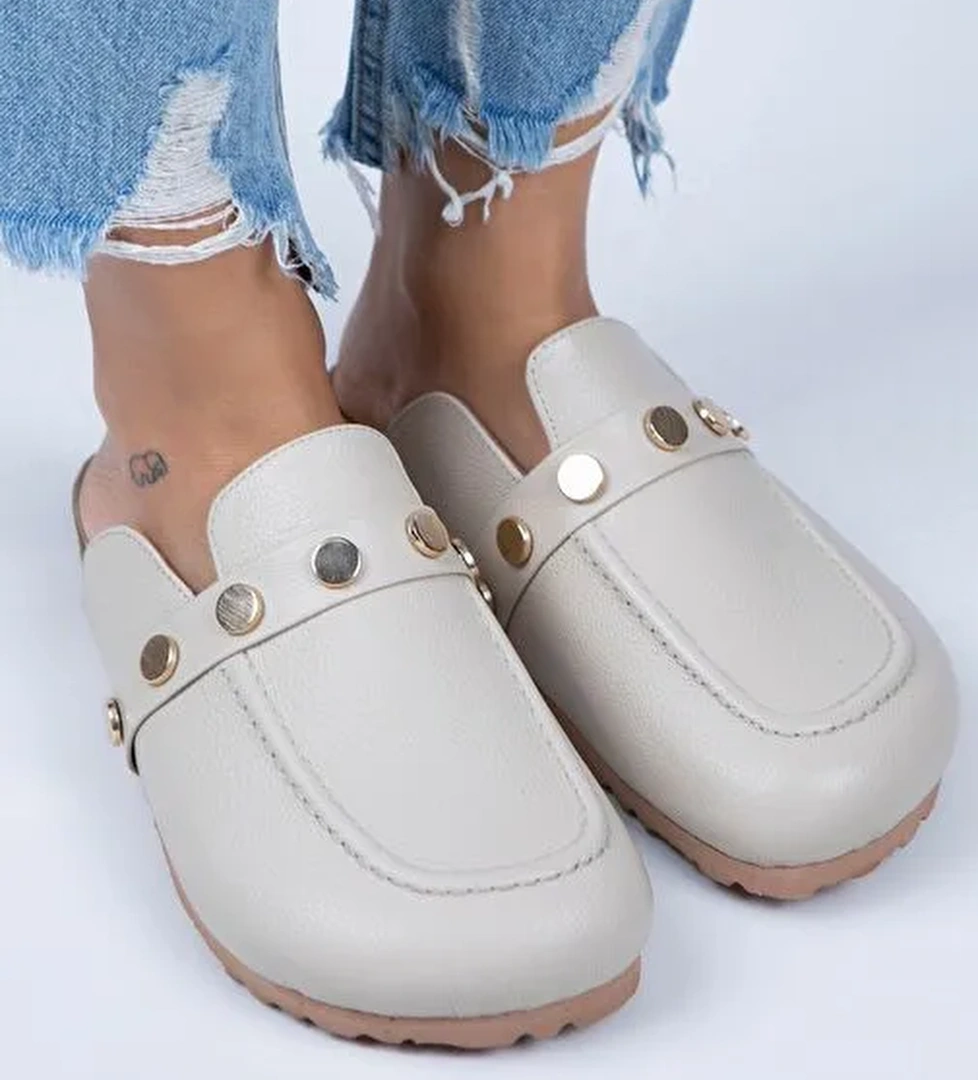 Manijero Bej-Gold Kadın Deri Terlik MNJ.011.06 - Görsel 1